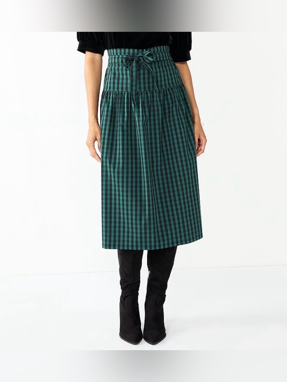 NWT DRAPER JAMES RSVP Paperbag Waist Midi gingham Skirt Bow Green